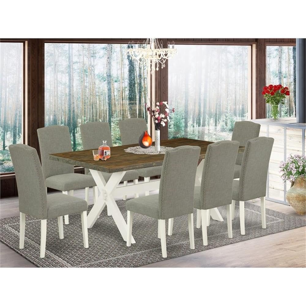 East West Furniture X077En206-9 9 Piece Dining Set Includes A Rectangle Dining Room Table With X-Legs And 8 Dark Shitake Linen Fabric Upholstered Parson Chairs, 40X72 Inch, Multi-Color